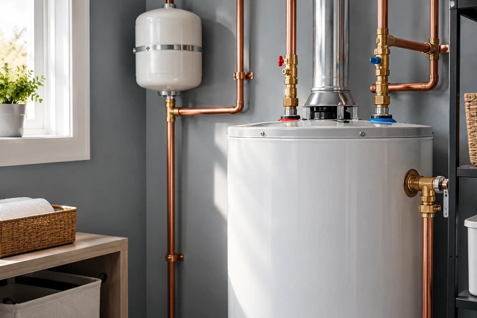 Illustrative water heater installation with copper pipework